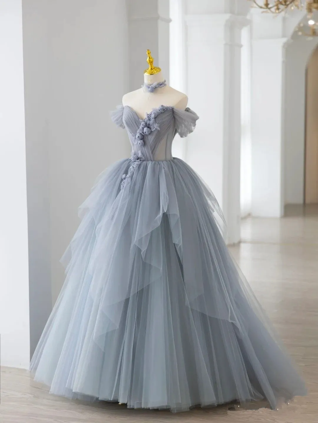 Diynav Gray Ball Gown Off The Shoulder Irregular Hem Sweet 16 Dress HZ1017