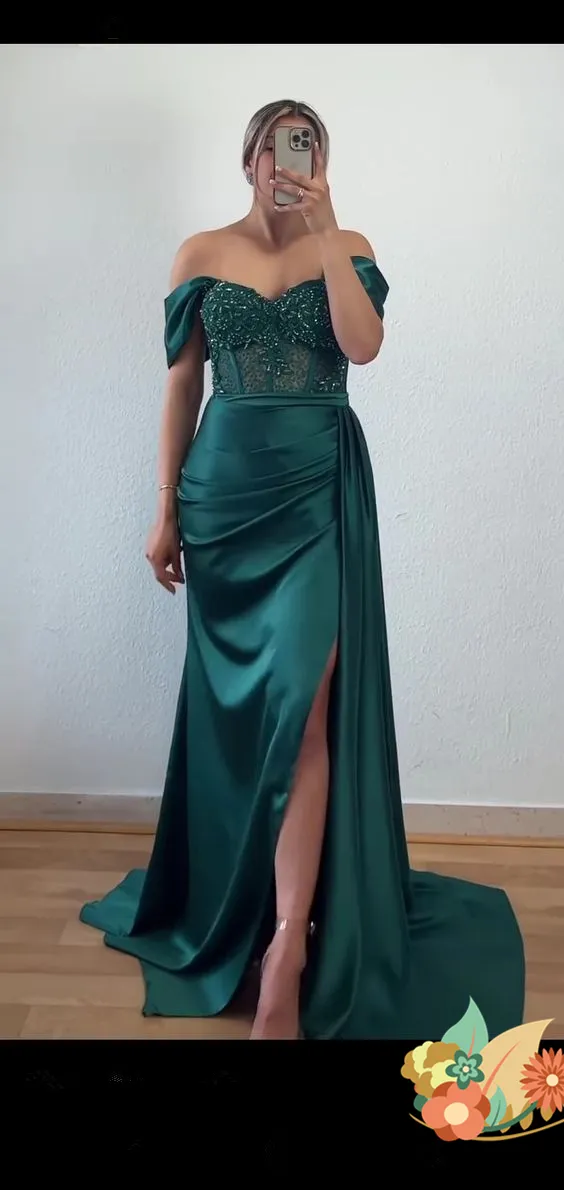 Diynav Mermaid Emerald Green Satin Corset Evening Dress HZ1017