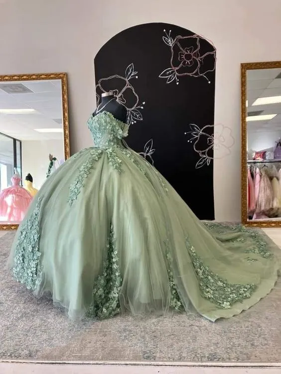 Diynav The Shoulder Sage Green Lace Appliques Ball Gown,Sweet 16 Dress HZ1017