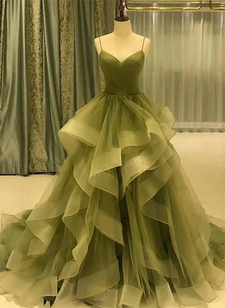 Diynav Straps Sweetheart Tulle Long Evening Dress, Green Layered Tulle Prom Dress HZ1017