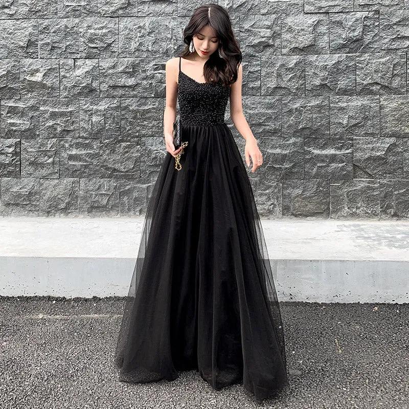 Diynav tulle beads long prom dress, black evening dress HZ1017