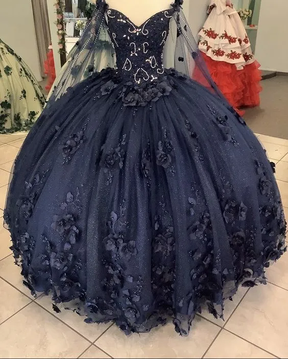 Diynav Women's Navy Blue Quinceanera Dresses Appliques Beaded Dresses 3D Flowers Ball HZ1017