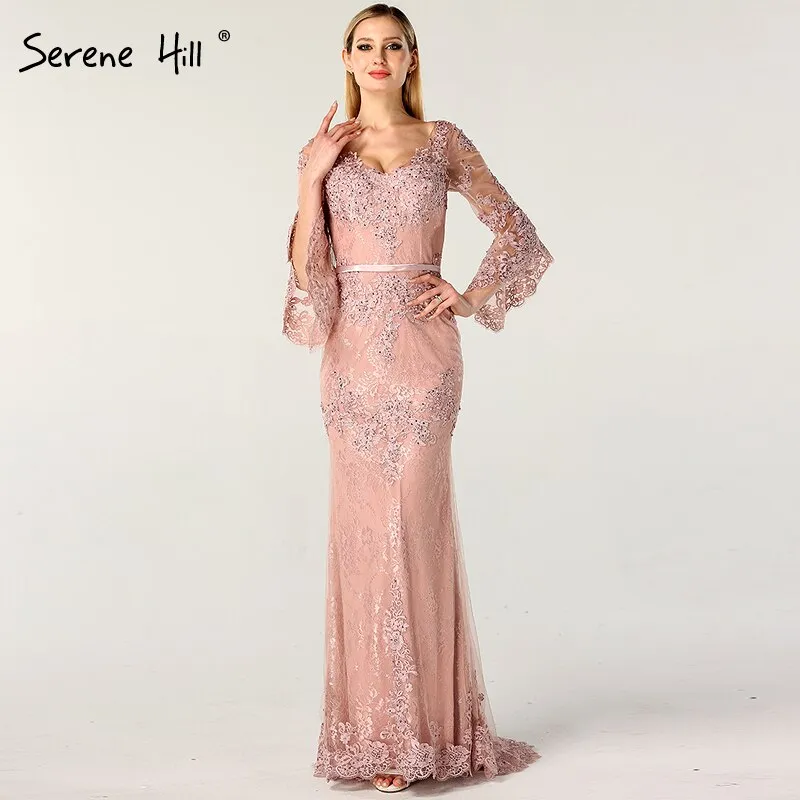 Diynav Sale no return no refundSale Pink Lace Diamond Long Sleeves Evening Gowns Long V-Neck Sexy Evening Dress For Women 2025 HZ1017