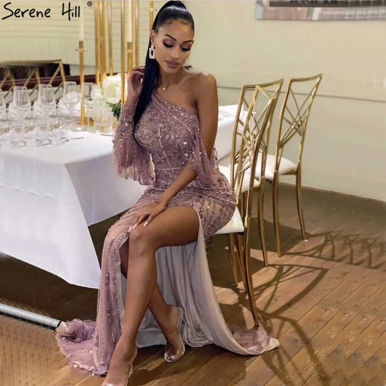 Diynav Luxury Beading Crystal Evening Dresses One Shouder Sparkle Sexy Formal Dress 2025 HZ1017