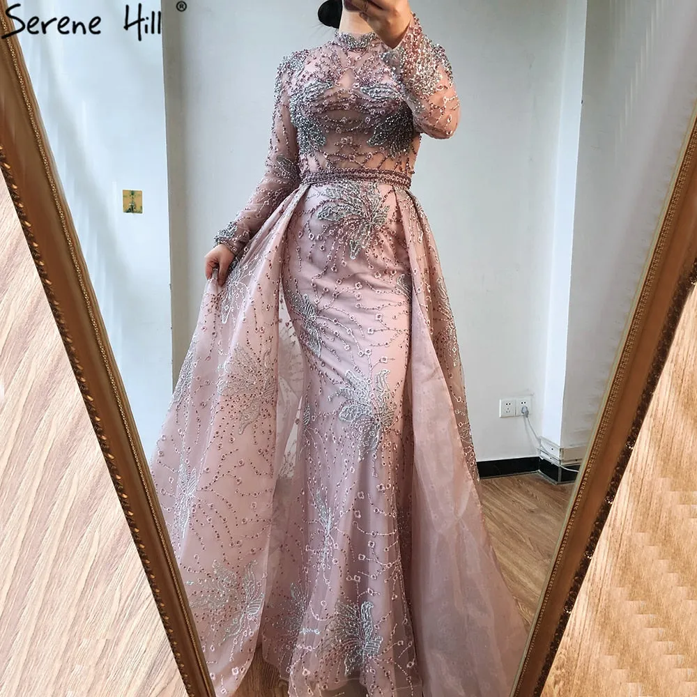 Diynav Mermaid Crystal Long Sleeves Evening Dresses 2025 Dubai High Neck Sparkle Formal Dress HZ1017