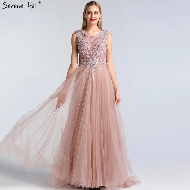 Diynav O-Neck Pearls Crystal Sexy Evening Dresses A-Line Sleeveless Tulle Formal Dress 2025 HZ1017
