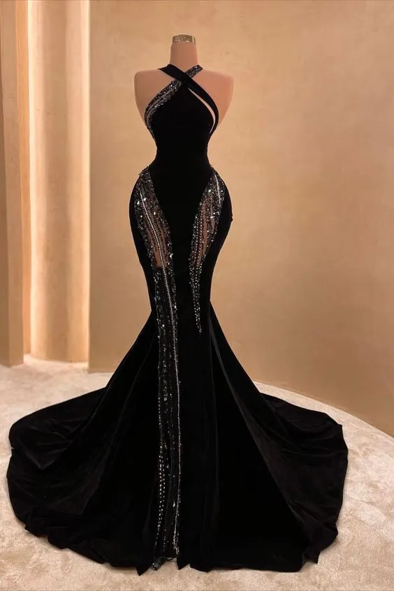 Diynav Black Mermaid Long Prom Dress with Train,Chic Black Evening Gown HZ1017