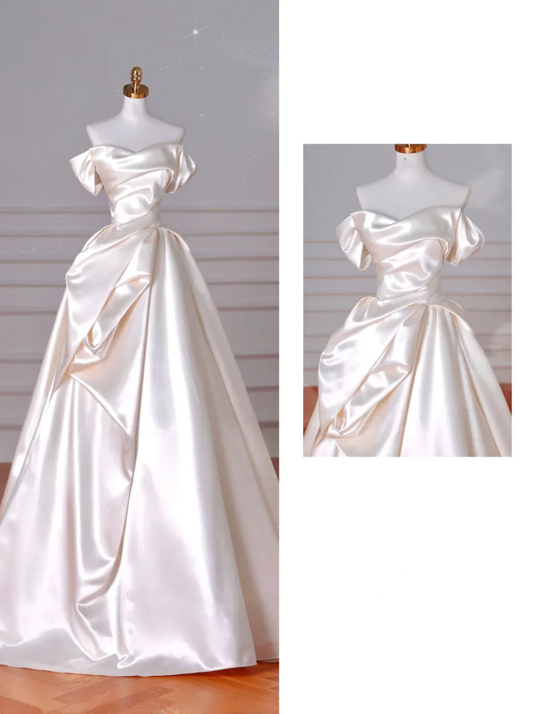 Diynav Off The Shoulder Satin Pleated A Line Prom Evening Dress,White Wedding Dress HZ1017