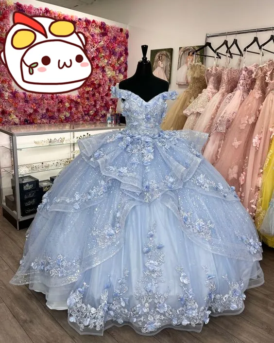 Diynav The Shoulder Blue Ball Gown With Flowers,Blue Princess Dress,Sweet 16 Dress HZ1017