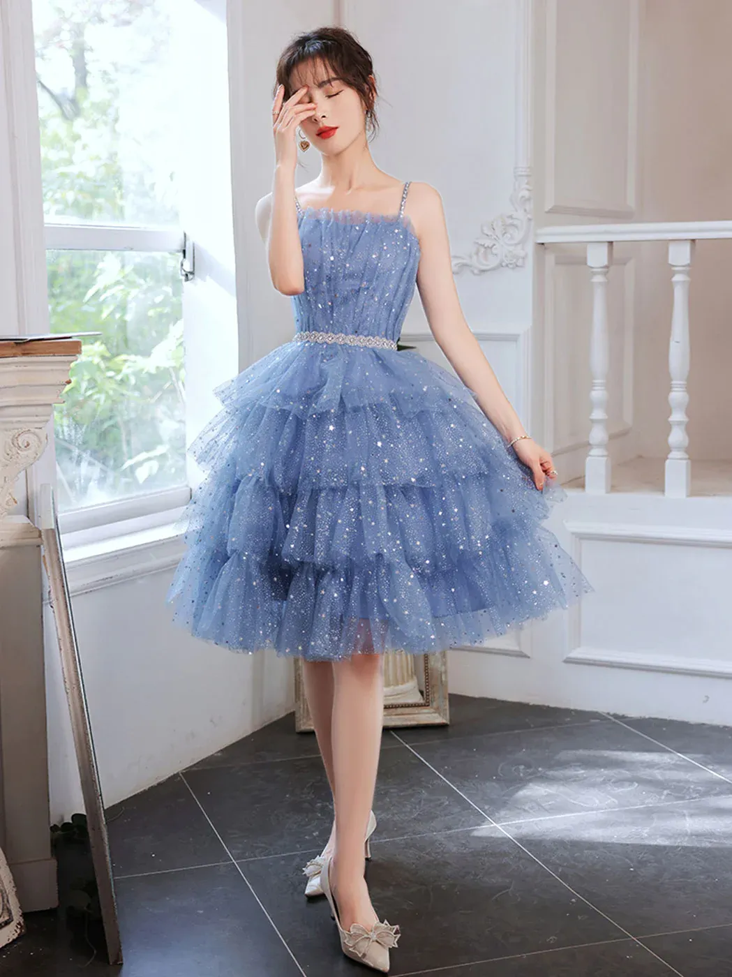 Diynav Puffy Blue Prom Dress,Tulle Short Blue Puffy Homecoming Dress HZ1017