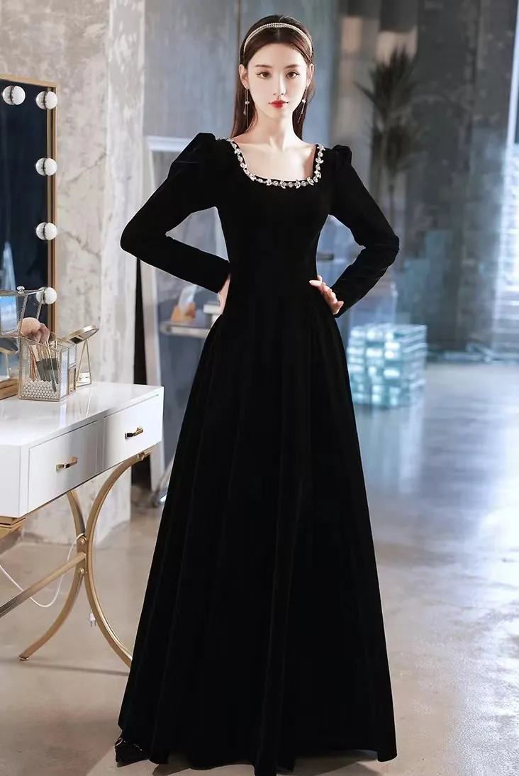 Diynav evening dress,high sense velvet long sleeve evening dress, custom made HZ1017