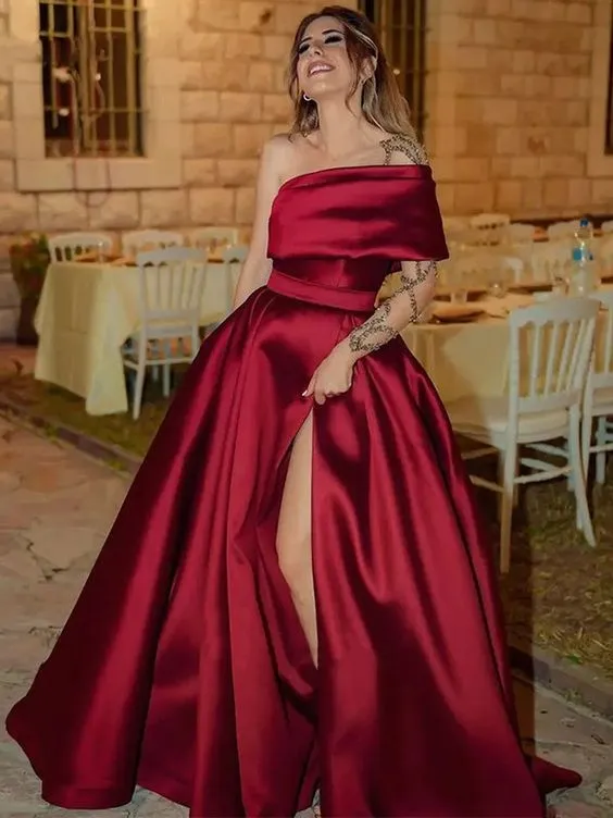 Diynav Satin Ruffles One-Shoulder Sleeveless Sweep/Brush Train Evening Dress HZ1017