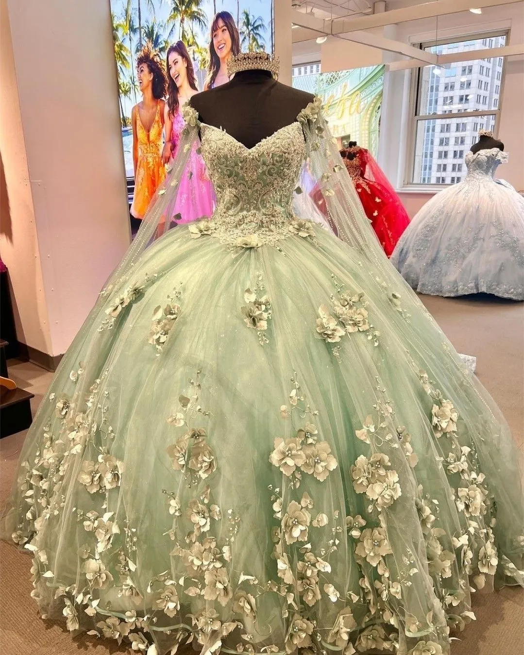 Diynav Green Tulle Ball Gown with 3D Flowers,Sweet 16 Dress,Princess Dress,Quinceanera Dress HZ1017
