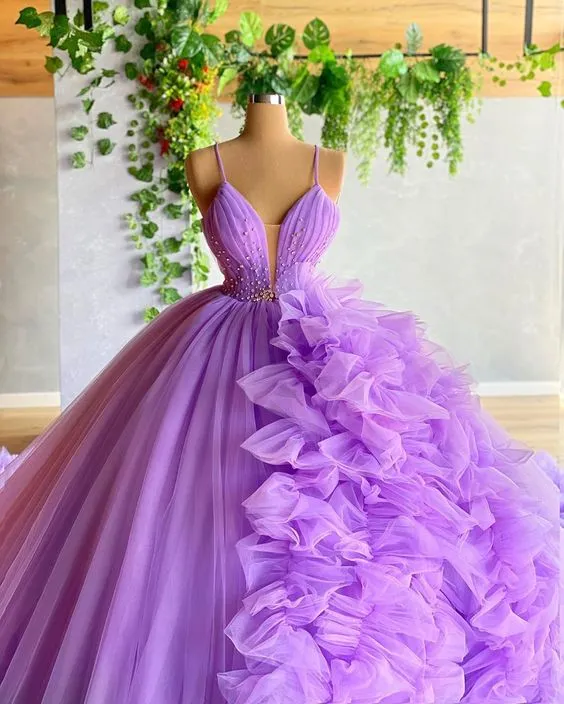 Diynav A-line V Neck Tulle Ball Gown,Purple Princess Dress,Fairy Dress HZ1017