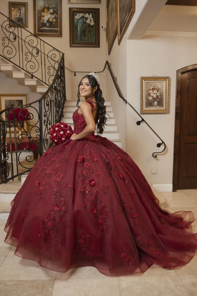 Diynav Ball Gown With Flowers,Sweet 16 Dress, Burgundy Quinceanera Dress HZ1017