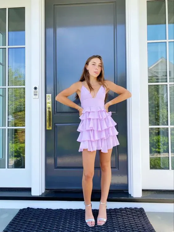 Diynav V Neck Light Lavender Short Homecoming Dress Layered Cute Homecoming Dress HZ1017