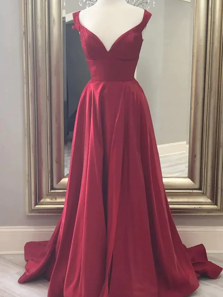 Diynav Line V Neck Burgundy Long Prom Dresses, Off the Shoulder Burgundy Formal Evening Dresses HZ1017