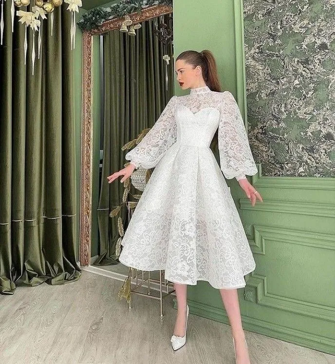 Diynav Calf Wedding Dress, Women's Summer Dress White High Collar With Puff Sleeves HZ1017