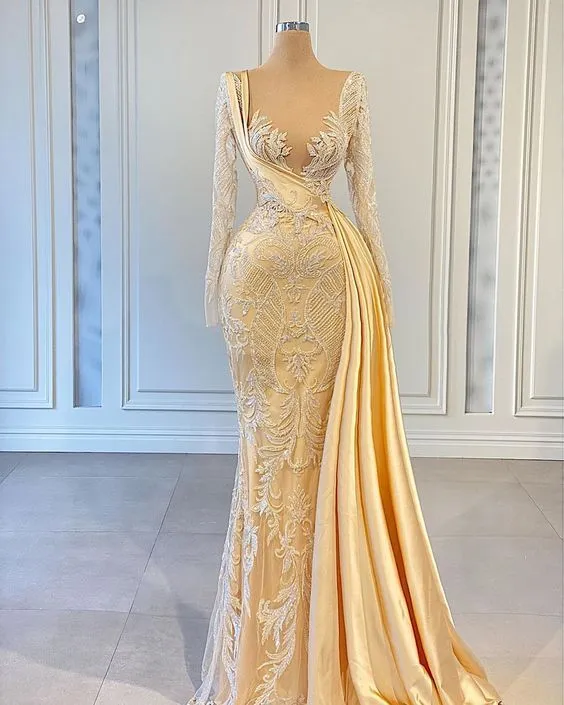 Diynav Hot Yellow Applique Long Sleeves Wedding Dresses Women Formal Pageant Dress HZ1017