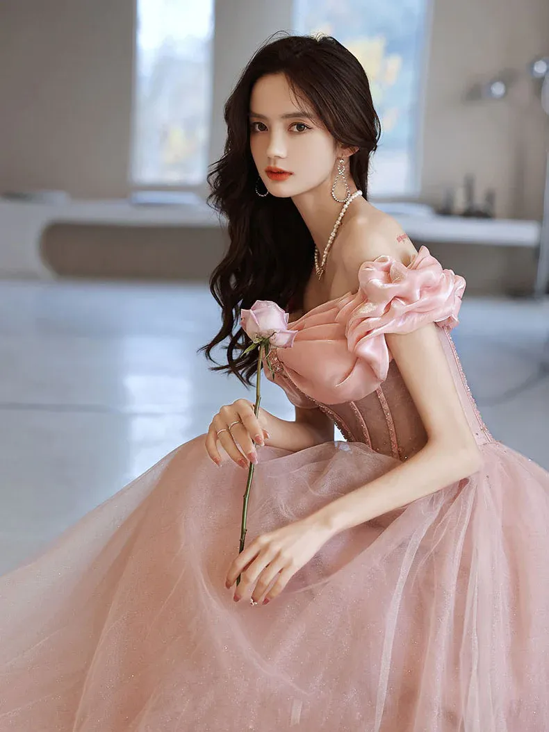 Diynav Sweetheart Neck Tulle Beads Long Prom Dress, Pink Evening HZ1017 - Image 6
