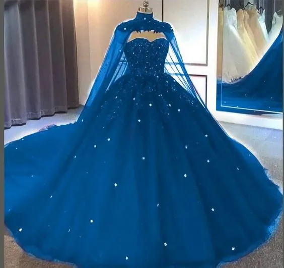 Diynav Neckline Tulle Lace Ball Gown With Cape Princess Dress HZ1017