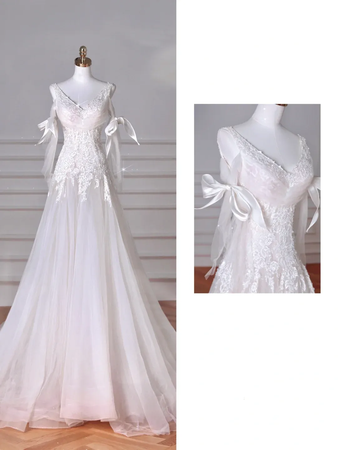 Diynav White V Neck Tulle Lace Appliques Mermaid Evening Dress,Long Wedding Dress HZ1017