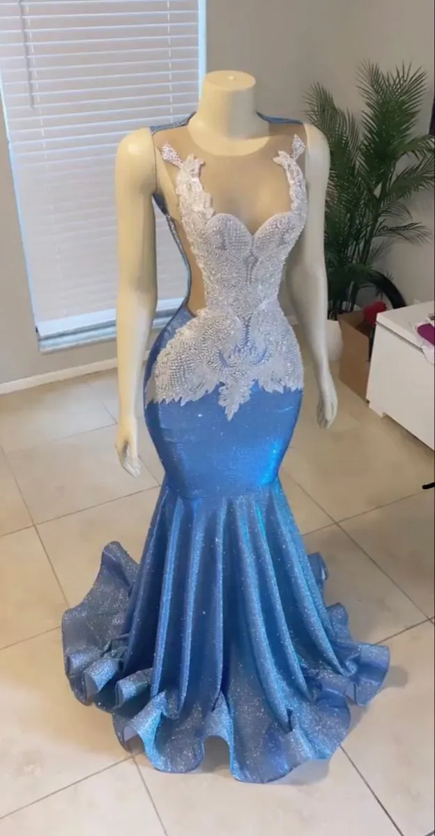 Diynav Blue Mermaid Sleeveless Evening Dress HZ1017