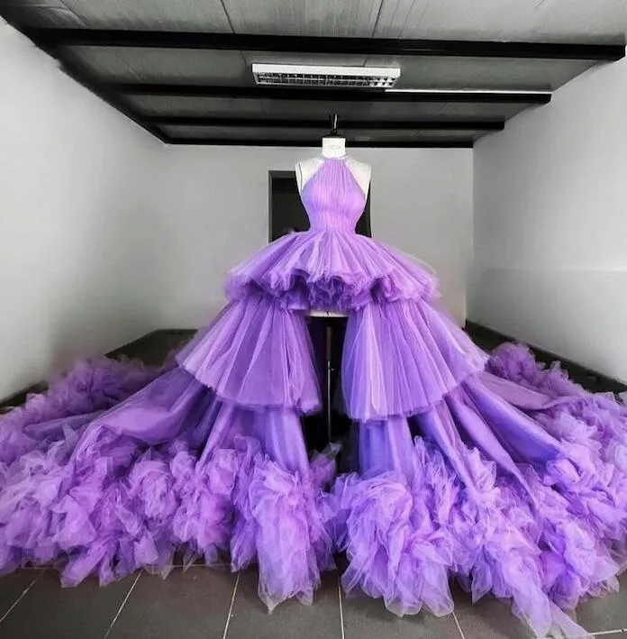 Diynav Halter Purple Tulle High Low Ball Gown HZ1017