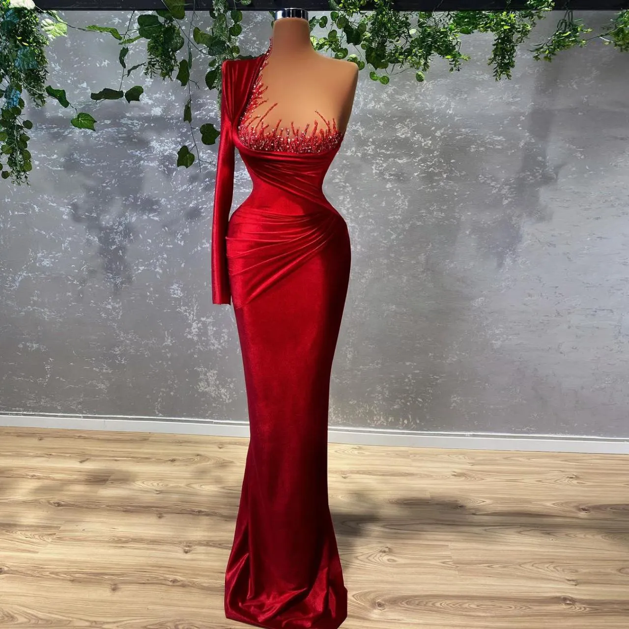 Diynav Velvet One Shoulder Beaded Red Carpet Dresses Evening Gowns Women Mermaid Prom Dress HZ1017