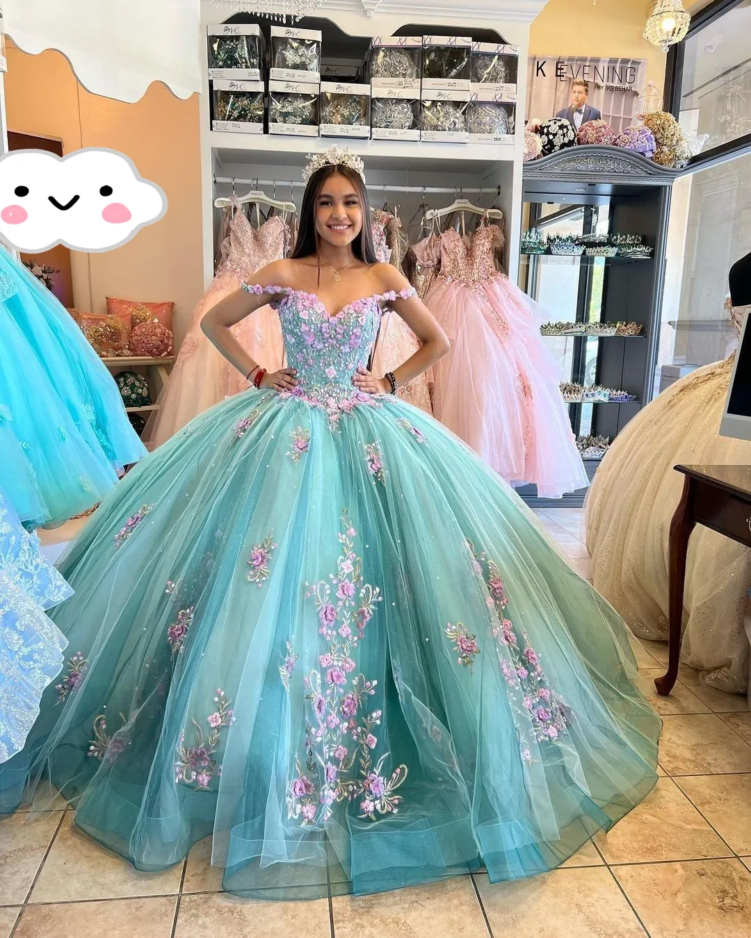 Diynav Blue Princess Ball Gown 3D Flowers Quinceanera Dresses Off Shoulder Appliques Beaded Maxi Sweet 16 Dress HZ1017