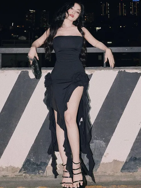 Diynav Women's Fashion Ruffle Tunic Long Sleeves Ladies Sexy Party Midi Elegant Evening Dress HZ1017