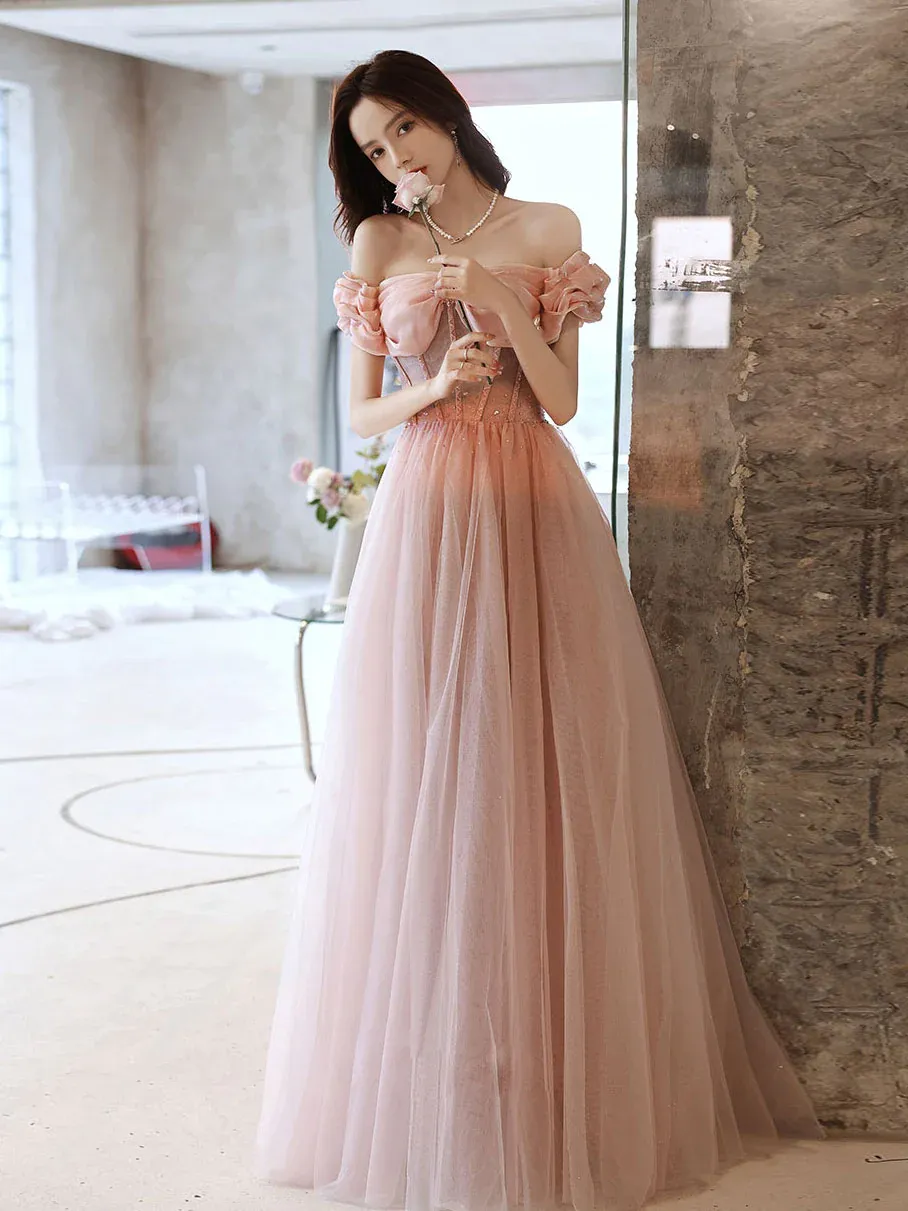 Diynav Sweetheart Neck Tulle Beads Long Prom Dress, Pink Evening HZ1017