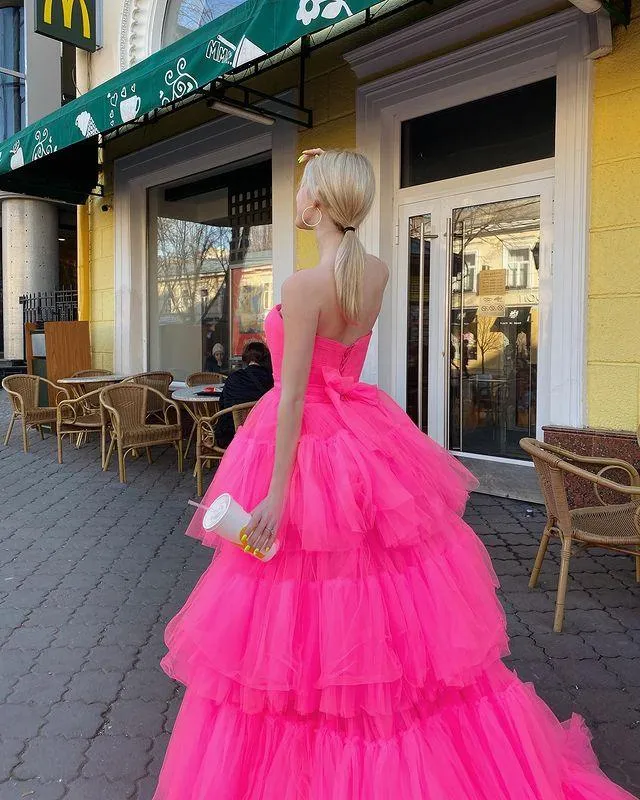 Diynav A Line High Low Strapless Pink Long Prom/Evening Dress Ruffles HZ1017 - Image 2