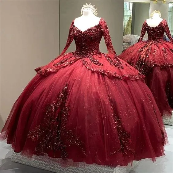 Diynav Sparkly Quinceanera Dresses Long Sleeve Lace-up Corset Flowers Sequins Princess Sweet 15 Ball Gown HZ1017