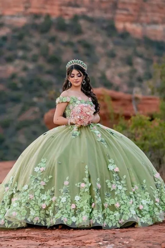 Diynav Sage Green Quinceanera Dresses Sweet 16 Pageant Floral Ball Gown HZ1017