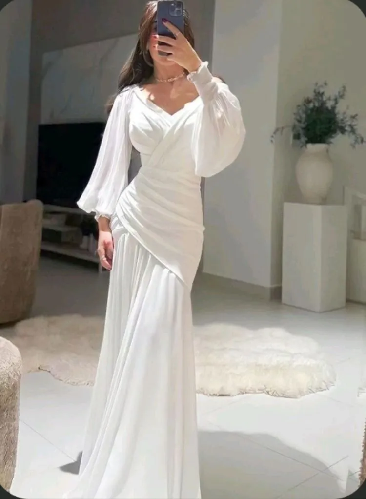 Diynav White Mermaid Long Evening Dress with Puff Sleeves HZ1017