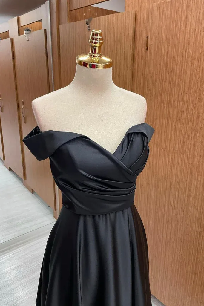 Diynav Shoulder Black Satin Long Prom Dress, Long Black Formal Graduation Evening Dress HZ1017 - Image 2