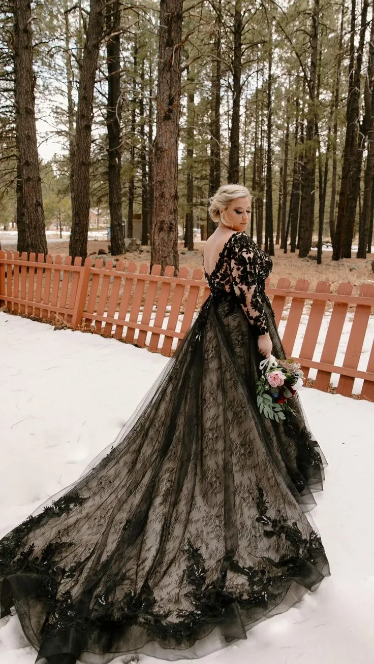 Diynav Black Lace Wedding Dress,Gothic Bridal Gown HZ1017