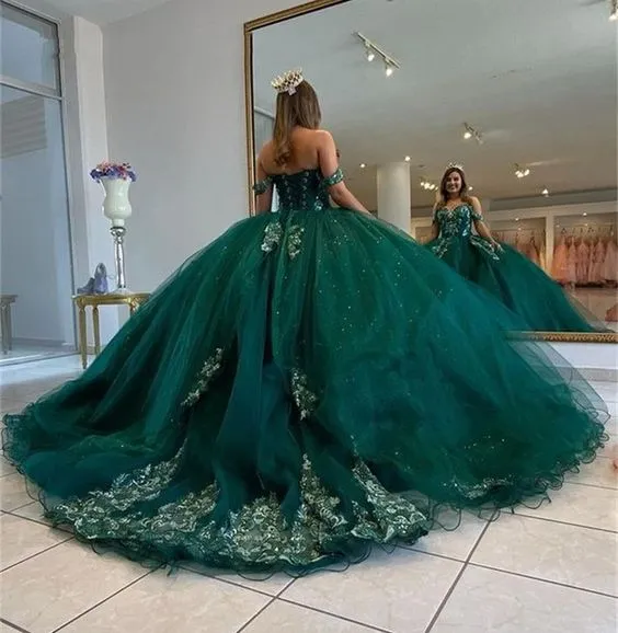 Diynav Green Quinceanera Dresses for Sweet 15 Year Ball Gown Sexy Off the Shoulder Puffy Lace Appliques Princess Dress HZ1017