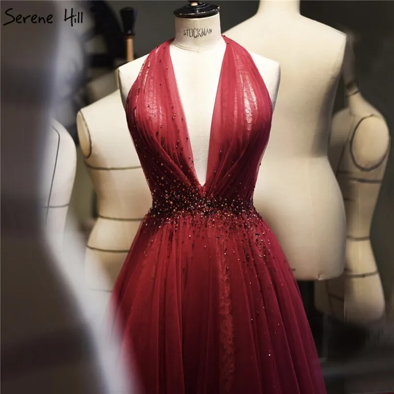 Diynav Sale no return no refundSale Red Halter Sexy Sleeveless Evening Dresses 2025 Crystal A-Line Tulle Formal Dress Design HZ1017