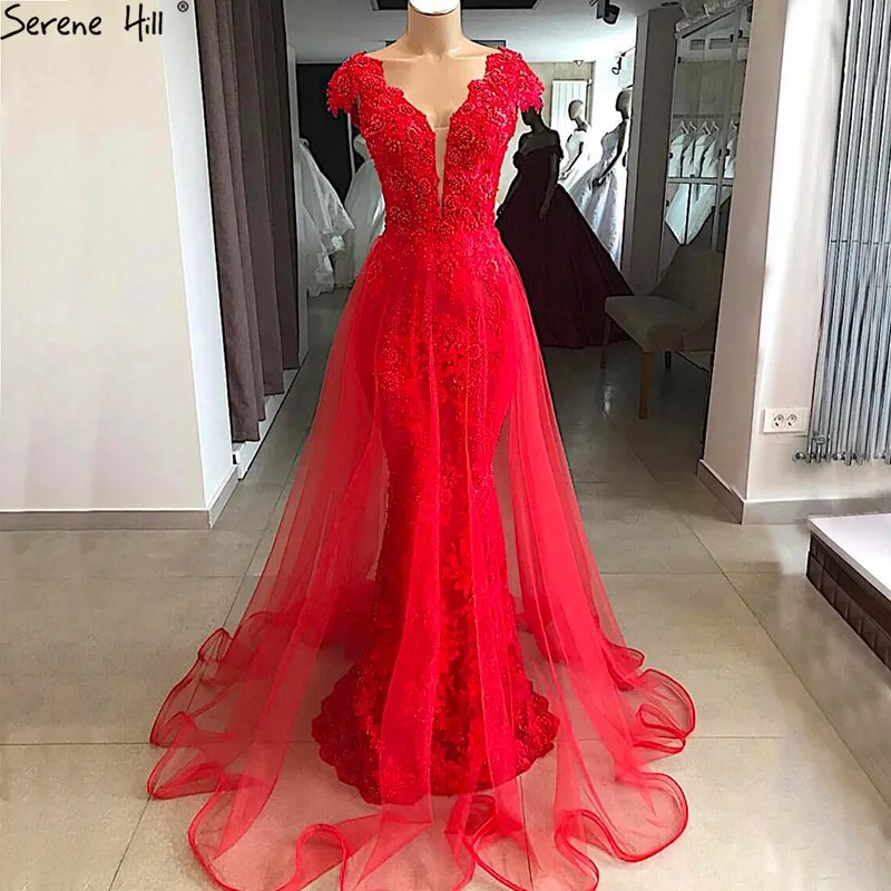 Diynav Sale no return no refundSale Red Lace Pearls V-Neck Evening Dresses Design 2025 Cap Sleeve Sexy Mermaid Formal Dress HZ1017