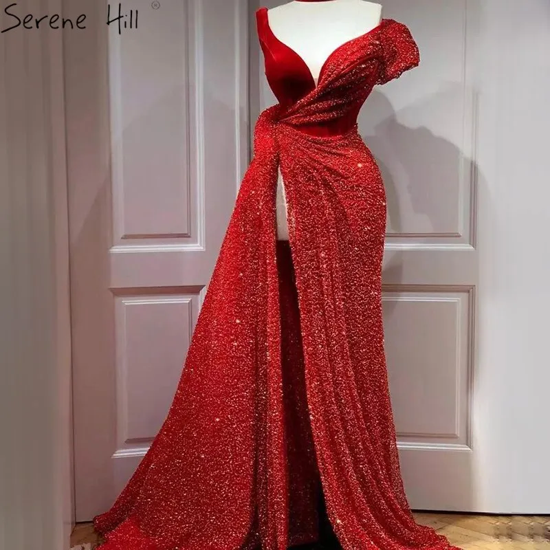Diynav Red One Shoulder Luxury Dubai Evening Dresses Long 2025 Sleeveless Sexy Beaded Sequins Formal Dress HZ1017
