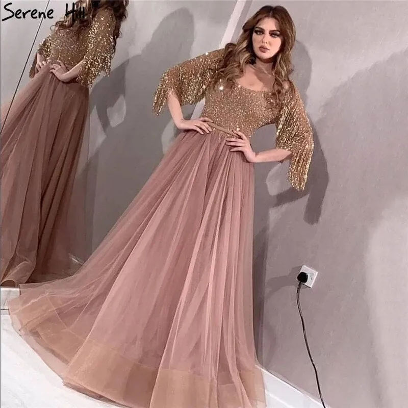 Diynav Gold O-Neck Sequined Evening Dresses 2025 A-Line Latest Design Sexy Sparkle Formal Dress HZ1017