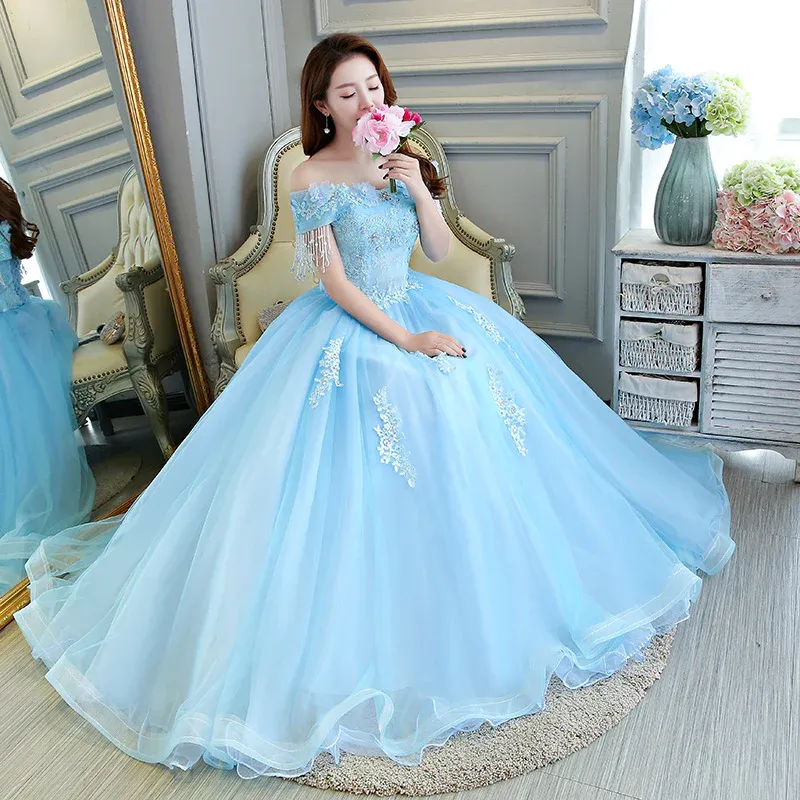 Diynav Light Blue Ball Gown Off The Shoulder Princess Dress HZ1017