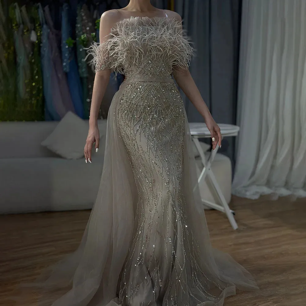 Diynav Luxury Beaded Blue Mermaid Evening Dress Gown with Overskirt HZ1017 - Image 3