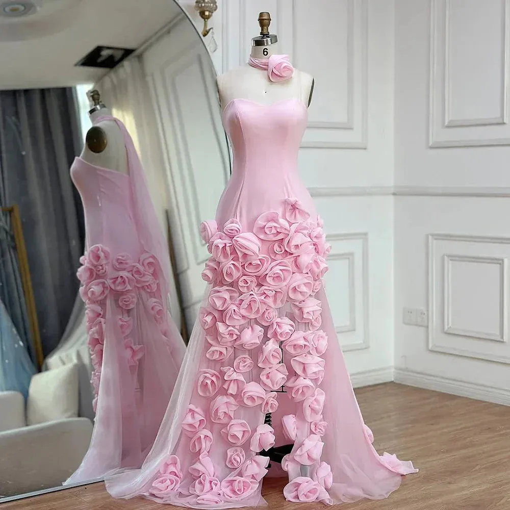 Diynav Evening Dress for Girls Arabic Pink 3D Flowers Elegant Srapless Dress Side Split Prom Party Gowns HZ1017 - Image 6