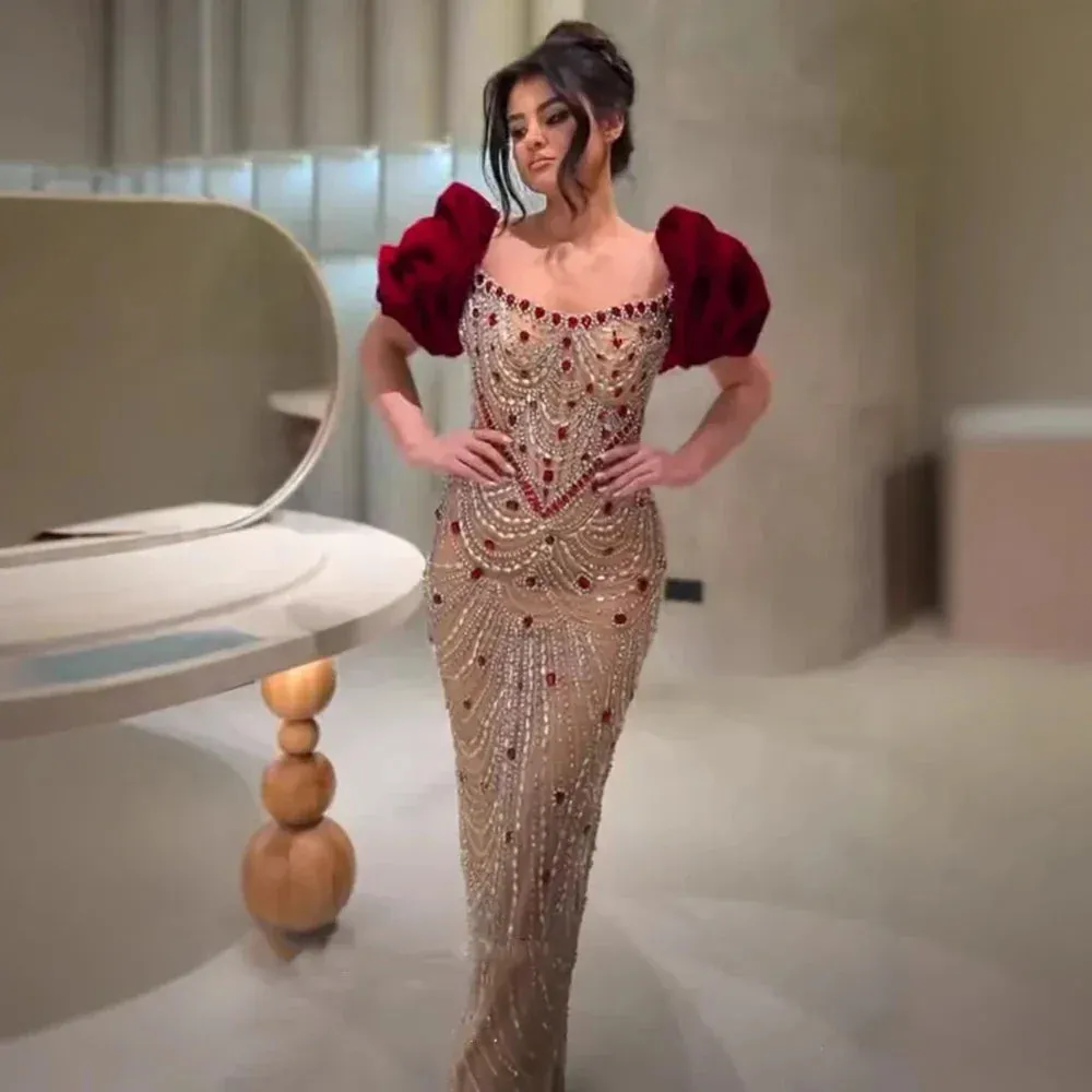 Diynav Beaded Evening Dresses with Elegant Puff Sleeves Pearl Beaded Adorned Design HZ1017