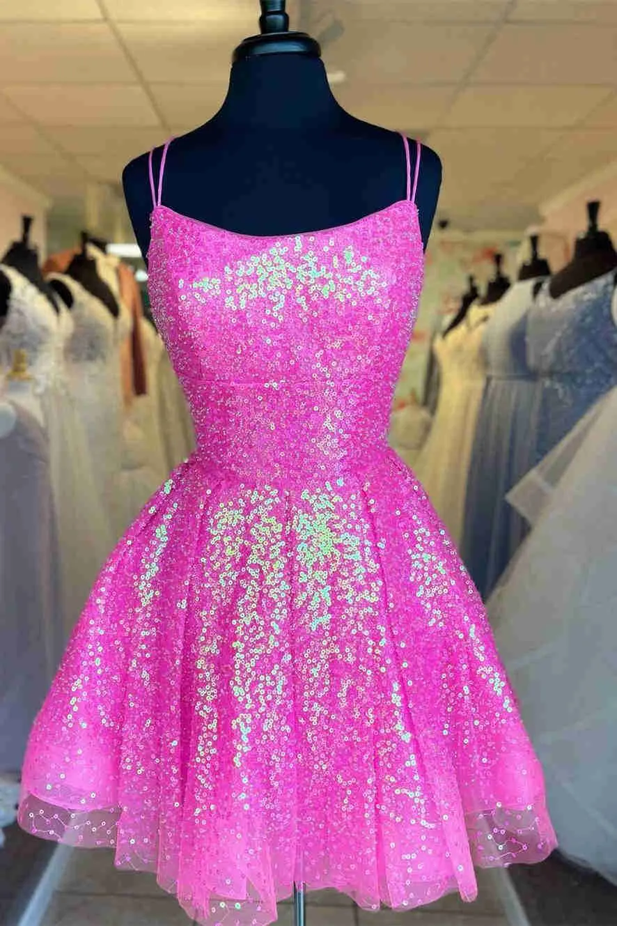 Diynav Hot Pink Sequins A-Line Homecoming Dress HZ1017