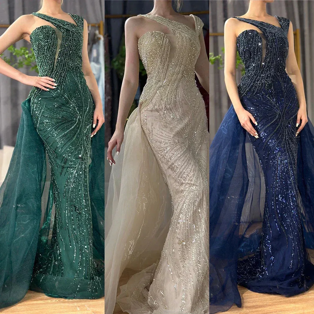 Diynav Nude Mermaid Green Evening Gown with Elegant One Shoulder Overskirt for Formal Occasion HZ1017 - Image 2