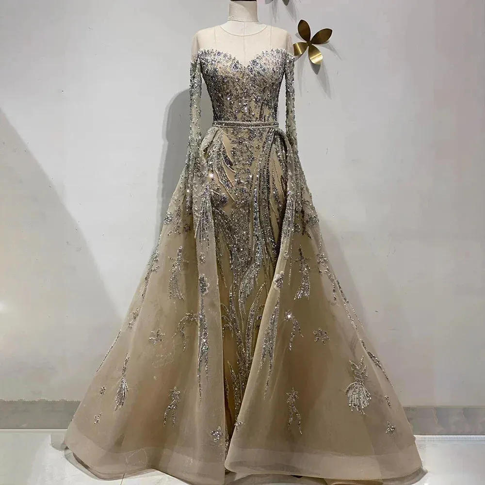 Diynav Mermaid Nude With Overskirt Beaded Dubai Evening Dresses Gowns 2025 For Wedding Party HZ1017